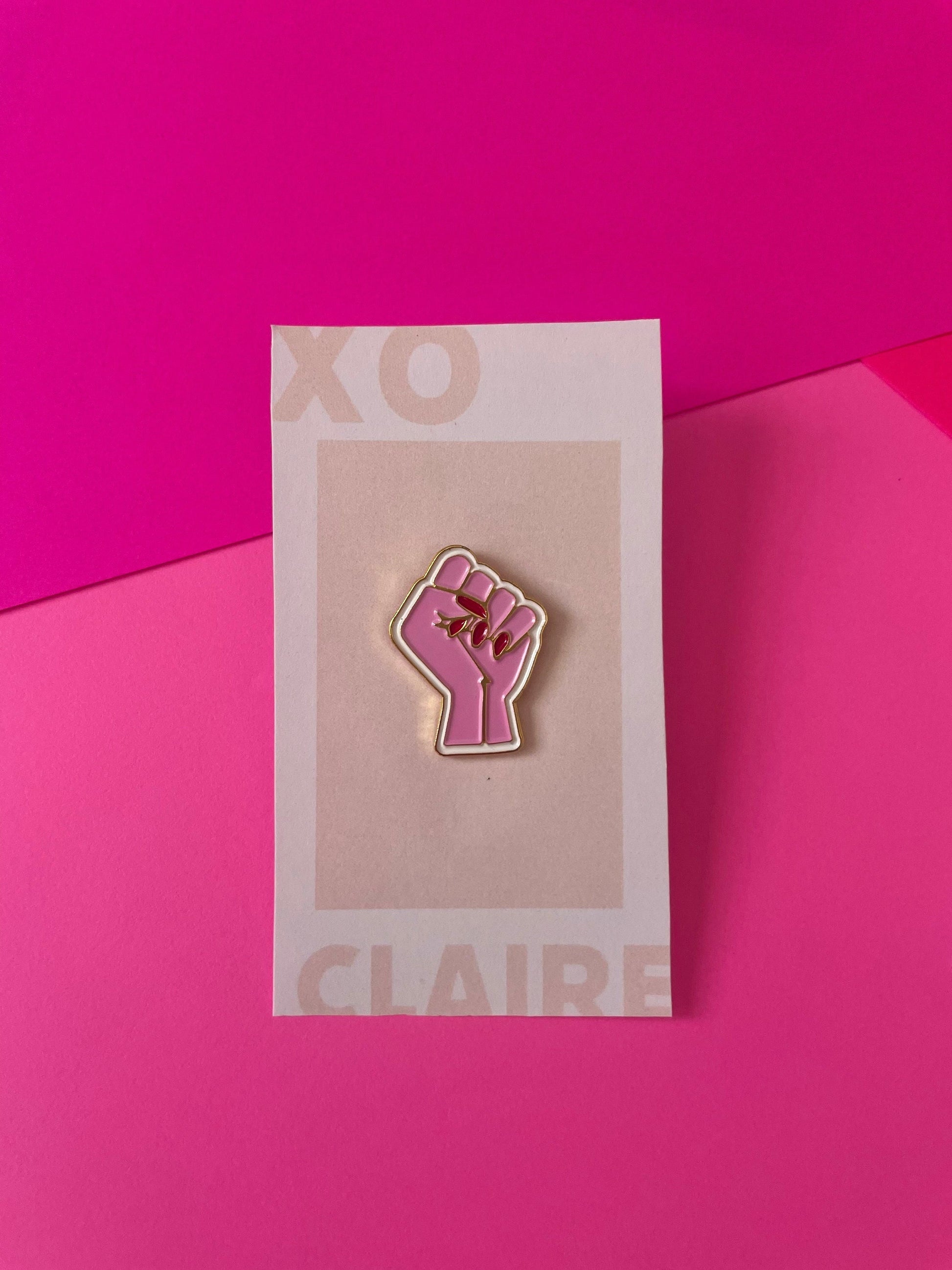 Pink Feminist Raised Fist Red Claw Nails Enamel Pin