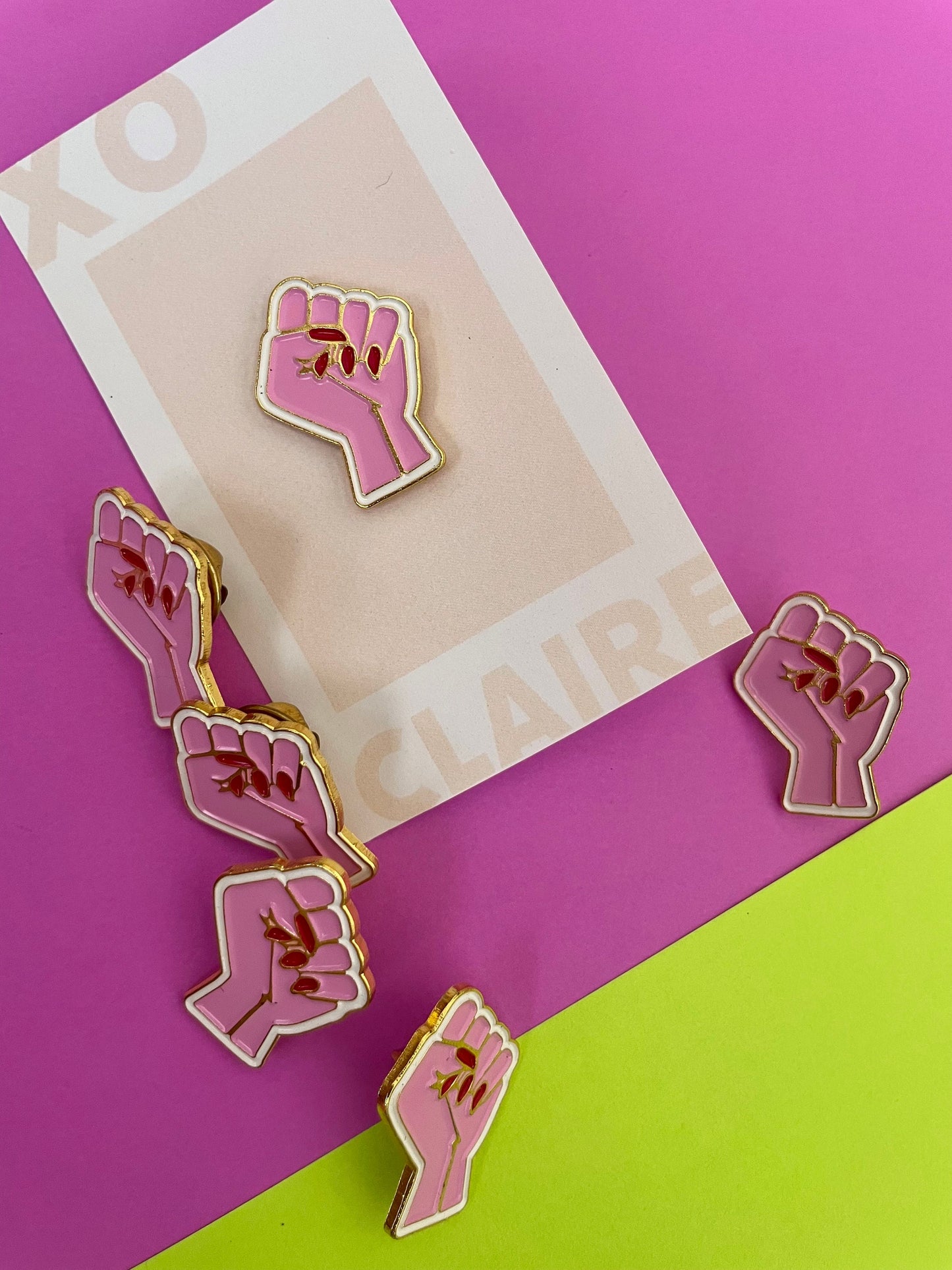 Pink Feminist Raised Fist Red Claw Nails Enamel Pin